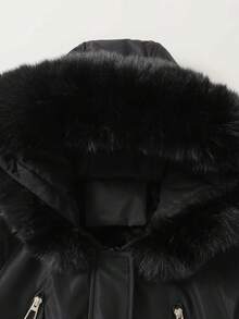 Women's Thicken Thermal Lined Parka Winter Warm Coat Adjustable Waist Rope Hooded Zip-Up Jacket With 2 Pockets 2 Fake Pockets,Skiing - Black - View 5