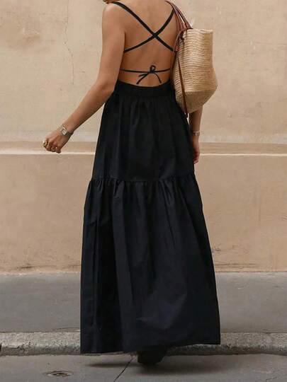 Vestido largo de fiesta informal con tirantes cruzados en la espalda de color liso para mujer, vestido de temperamento de moda elegante y sexy, vestido largo de fiesta de viaje de playa de estilo bohemio.