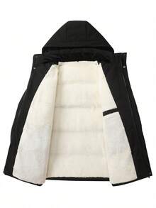 男士休闲保暖衬里加厚外套，拉链毛绒衬里冬季连帽风衣，可拆卸风帽，厚面料，冬季男士夹克 - 黑色 - 查看 2