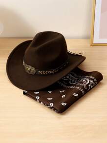1 Set Unisex Cowboy Hat With Bull Horn Decor + 1 Cashew Pattern Scarf Fashion Outfit, Suitable For Horse Riding, Rodeo, Music Festivals, Bar Parties, As Gifts And Daily Use
