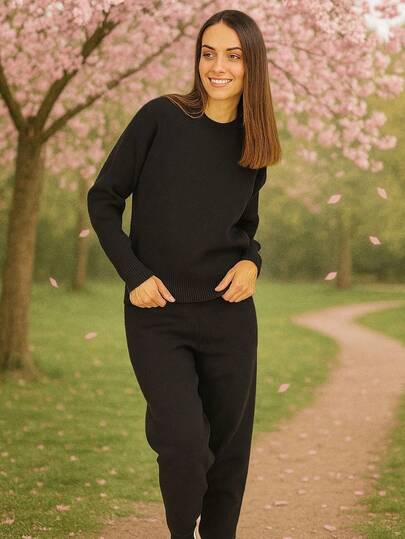 HPC POLO Conjunto de Pants y Sudadera para Mujer – Tejido de Punto Elegante y Ligero, 2 Piezas con Manga Larga y Gorro, Bonito y Cómodo para Estilo Casual o Diario