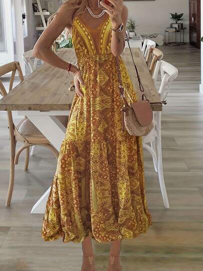 Vestido largo con escote en V, cintura alta y estampado floral diminuto, sin mangas, estilo bohemio para mujer, nueva llegada de verano