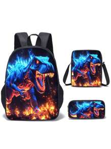 3pcs Dinosaur-Black/Green/Colours Themed Backpack Set With Lunch Box & Pencil Case&Storage Bag - Polyester, Lightweight, Fashionable Mixed Colors