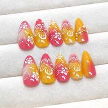 24Pcs Flower Press On Nails Medium Almond Fake Nails 3D Floral With Gold Pearl Rhiness Itter Ossy Design Orange Full Cover Stick On Nails Spring Summer False Nails For Women Acrylic Nails-0345 - 橘色 - 查看 3