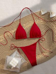 Bộ bikini dự tiệc PEPPERMOLLY mới, màu trơn, dây mảnh, kiểu đan chéo, hở lưng, thích hợp cho mùa hè đi biển, dành cho nữ, màu đen, thích hợp cho kỳ nghỉ. - Đỏ sẫm - Xem 1