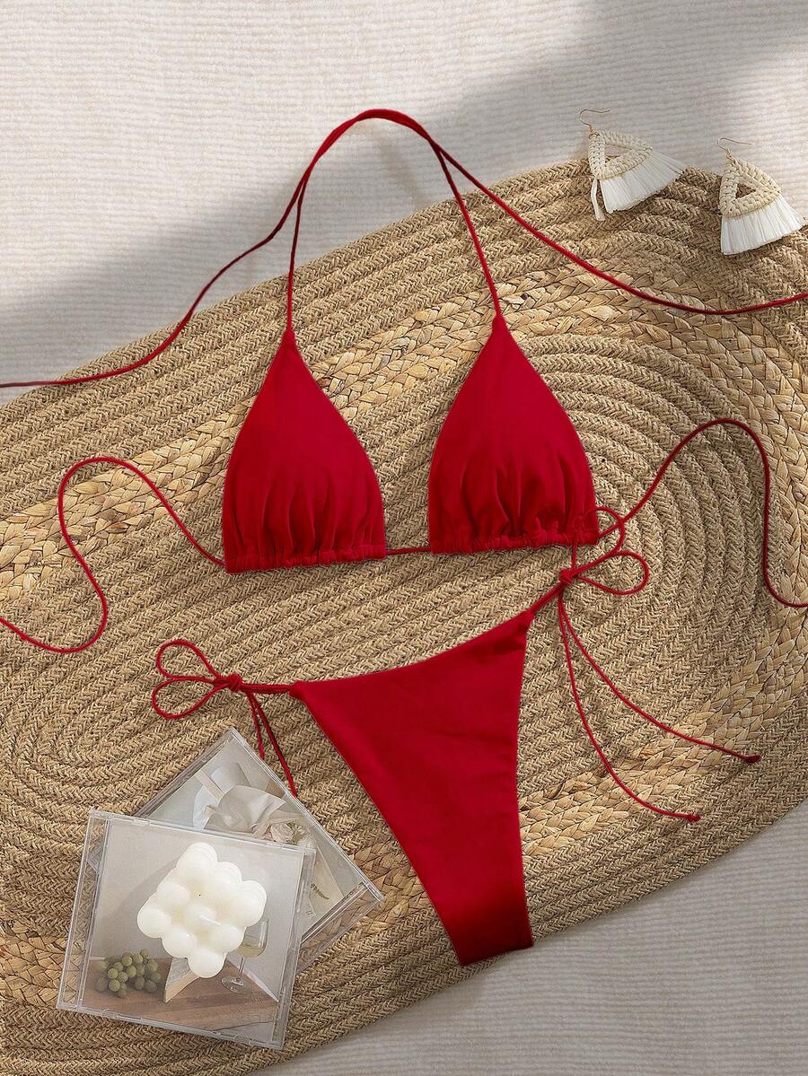 Bộ bikini dự tiệc PEPPERMOLLY mới, màu trơn, dây mảnh, kiểu đan chéo, hở lưng, thích hợp cho mùa hè đi biển, dành cho nữ, màu đen, thích hợp cho kỳ nghỉ. - Đỏ sẫm - Xem 1