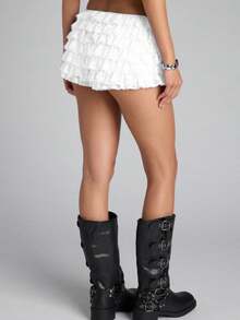 Women's Y2k Layered Lace Shorts Casual Stylish Solid Color Elastic Waist Low Rise Shorts Casual Mini Shorts For Spring/Summer Streetwear Beach Party Wear - trắng - Xem 3