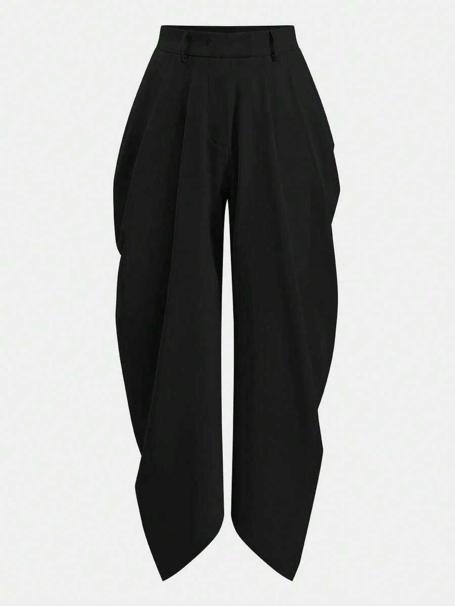 UREREM Quần nữ xếp ly màu trơn, kiểu dáng thường ngày, thời trang và tối giản, thích hợp cho mùa xuân/hè, chất liệu vải dệt mờ mật độ cao 120G, thiết kế tinh tế, tạo hiệu ứng thon gọn, màu đen cao cấp. - màu đen - Xem 1