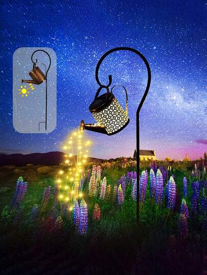 1pc Outdoor Garden Solar LED Water Jug Lamp - Shimmering Watering Can Design, Metal Surface, Rechargeable Solar Panel, Suitable For Path, Lawn, Garden And Porch Decoration As Ambient Lighting, Ideal Holiday Gift, Solar Garden Lamp, Garden Decorative Lawn Lamp, Romantic Lighting, Durable Outdoor Lamp