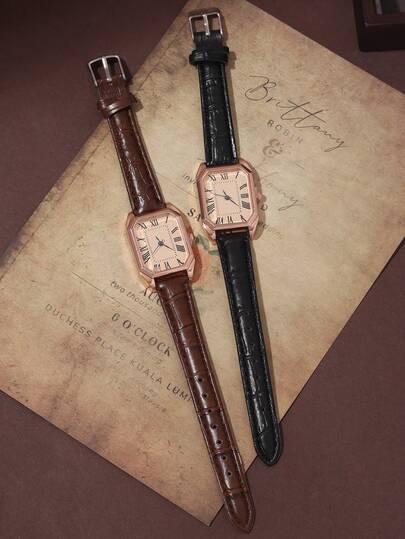 2pcs Vintage Minimalist Women's Quartz Watches, 1 Set With Gold Accessories, Rose Gold Case And Roman Numeral Dial, Comes With Brown And Black Leather Straps. Elegant And Refined Design.