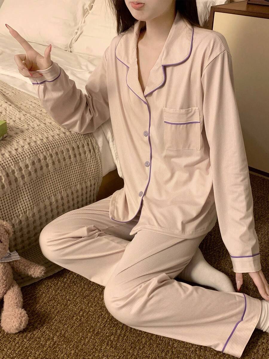 2pcs Women Striped Pajama Set, Purple & Pink, Button-Up Long Sleeve Top And Loose Pants, Comfortable Sleepwear For Home Use, Suitable For Spring And Autumn, Fall Winter Clothes