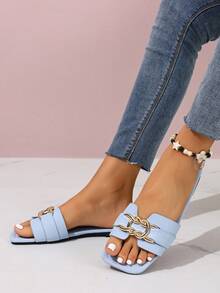 女士时尚休闲系带凉鞋，夏季舒适平底一脚蹬沙滩拖鞋 - 淺藍色 - 查看 5