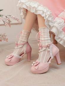 Block Chunky High Heels Pumps For Women Cute Bow Ruffle Ankle Strap Pearl Chain Platform Lolita Style Pumps Woman - Hồng - Xem 2