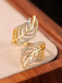 1 chiếc nhẫn đính hôn hình lá nhiều lớp mộng mơ đính đá Zirconia, mạ vàng, phù hợp cho nữ đeo hàng ngày, có thể mở ra, quà tặng trang sức. - Vàng - Xem 5