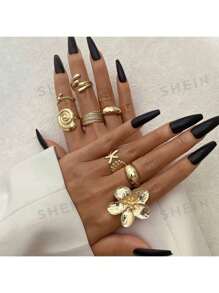 Women's Gold Bohemian Sea & Flower Multi - Piece Ring Set - Statement Jewelry