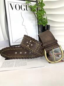 1 件几何图案波西米亚复古 PU 皮革铆钉水钻编织宽腰带，适合裤子、裙子、各种节日、音乐会、Y2K、朋克、复古、西部牛仔风格秋季、秋季、万圣节 - 彩色 - 查看 14