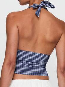 Women's Halter Neck Vest Summer Sleeveless Open Back  Plaid Party Tank Tops - 藏青色 - 查看 4