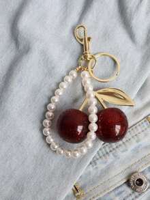 NYXIA 1pc Fashionable Black Cherry Keychain With Shiny Resin Pendant, Alloy Material, Suitable For Women's Wallets And Bags, Ideal Home Gift - Multicolor - View 6
