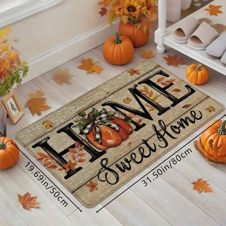 1 pieza Felpudo de entrada con estampado de calabaza de Acción de Gracias, alfombra suave antideslizante y absorbente lavable para cocina, decoración festiva y acogedora para el hogar, alfombra rectangular de pelo corto para sala de estar, dormitorio, cocina, lavandería, baño - Multicolor - Ver 1