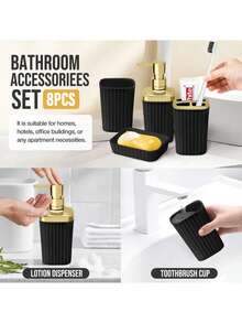 Juego de 6 piezas para baño, accesorios de baño de hotel, papelera, portacepillos de dientes, botellas dispensadoras, jabonera, cepillo de baño, soporte para vara de limpieza, decoración de baño para el hogar, decoración de otoño, de vuelta a la escuela