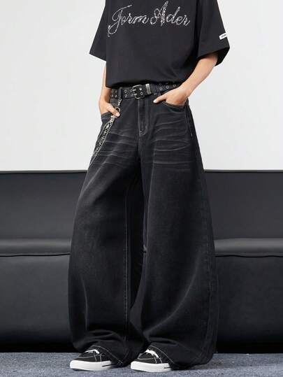 1 pezzo Jeans uomo stile vintage americano a gamba ampia, lavati e consumati, casual e comodi, pantaloni in denim larghi (senza cintura o accessori)