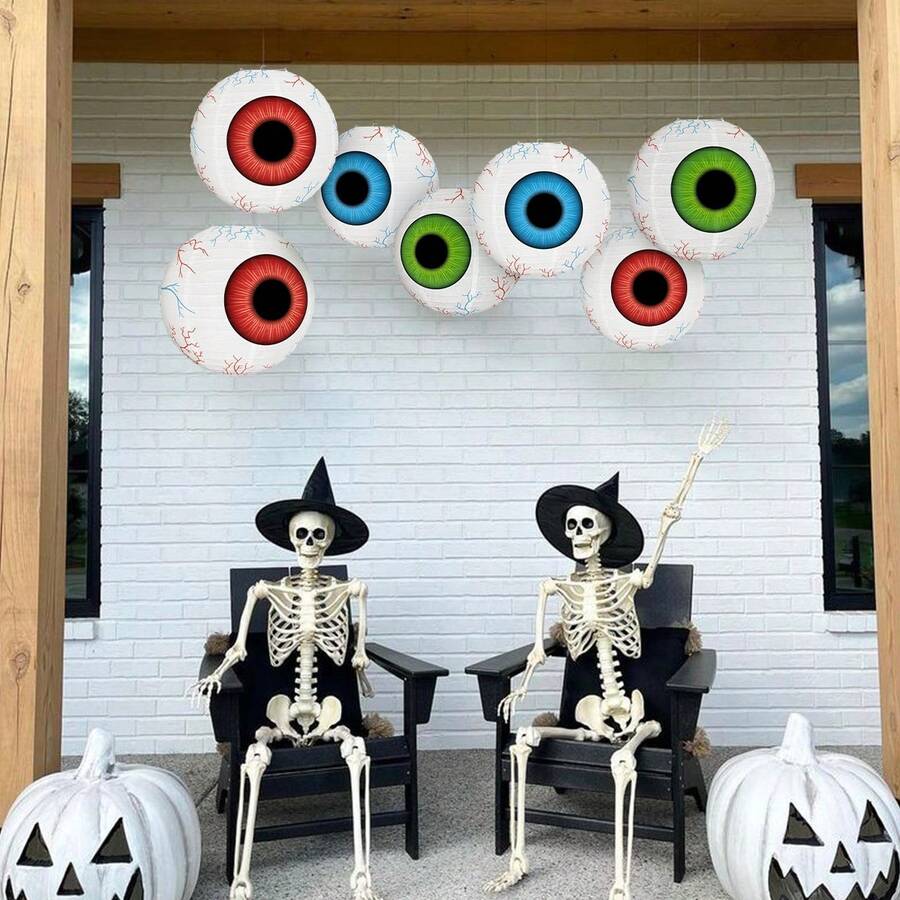 3pcs/Set Multi-Color Eyeball Shaped Round Paper Lanterns Decor, Halloween Theme Party Lanterns Suitable For Living Room, Bedroom, Dining Room, Yard Decoration