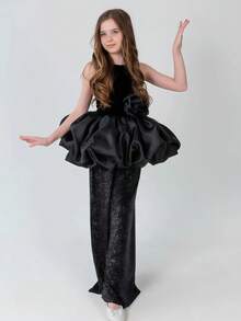 Tween Girl 2 Pieces Sleeveless 3D Floral Tulle Party Dress Set, Suitable For Girls Birthday Party, Wedding, Bridesmaid, Holiday Celebration - Black - View 7