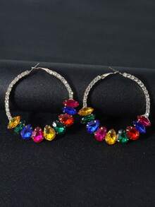 Luxury European & American Fashion Exaggerated Metal Inlay Colorful Crystal Round Large Hoop Earrings, Retro Elegant Goddess Style, 1 Pair