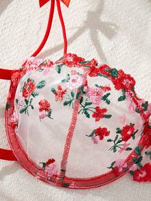 Floral Embroidery Mesh Sexy Lingerie Set, Rave - Red - View 4