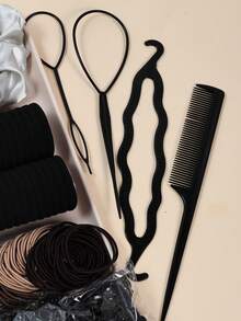 1109 件女孩发饰套装，基本款尼龙马尾辫发带，黑棕色缎面发圈，中性色弹力橡皮筋头带，辫子制作器发型工具套装头饰日常发饰 - 彩色 - 查看 7