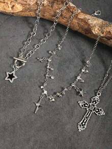3 件套复古哥特朋克风格水钻星星闪亮多层项链套装，水钻星星，十字架吊坠项链，Y2K 欧美风格女士项链 - 銀色 - 查看 2