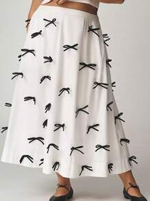 Women Summer Long Skirt Casual Elegant Cute Bow Elastic Waist A-Line Skirt For Beach Vacation Club Streetwear