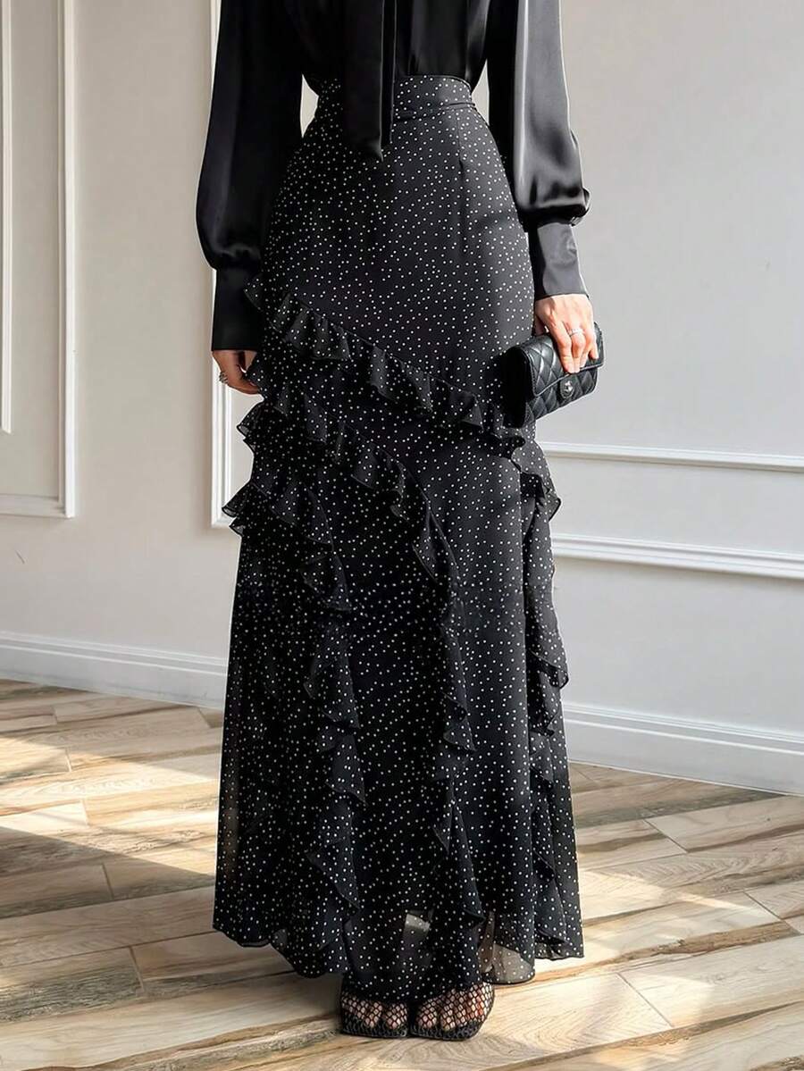 PoPoHouse 女士夏季半身裙，透气舒适轻盈，饰有荷叶边和波点图案，适合度假、通勤、节日等各种场合，优雅时尚，是春夏女装的理想之选（黑色）。 - 黑色 - 查看 1