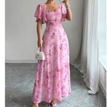 Ladies' Daily Elegant Square Neck Printed Long Skirt - 粉色 - 查看 1