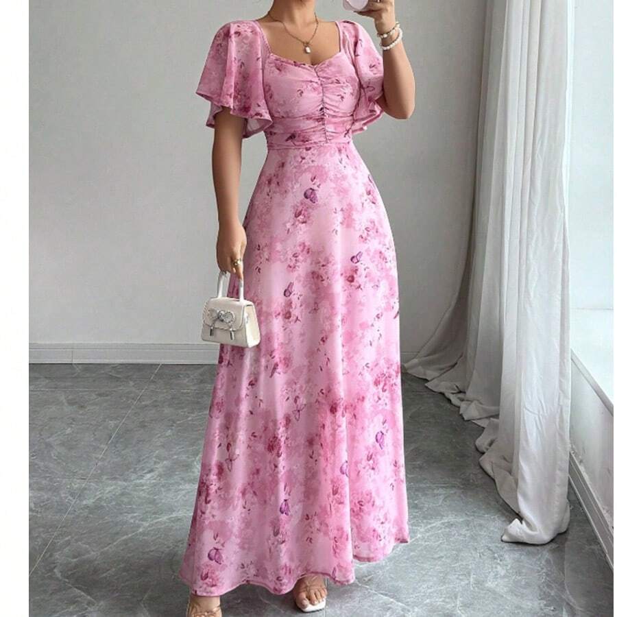 Ladies' Daily Elegant Square Neck Printed Long Skirt - 粉色 - 查看 1