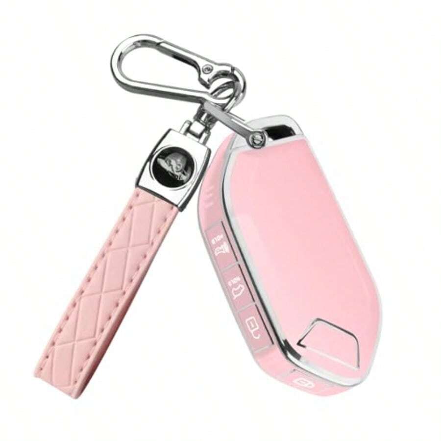 For Kia Key Fob CoverSoft TPU 360°Car Key Case Protector With Leather Keychain Compatible With Kia Telluride 2023 2024 5 Buttons Smart Key Pink