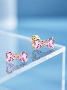 2pcs Lightweight Luxurious High Glitter Pink Bow Earrings, 925 Sterling Silver Women's Earrings, Elegant Jewelry Gift For Women, Valentine's Day Birthday, Everyday Wear - Pink Bow Earrings - View 10