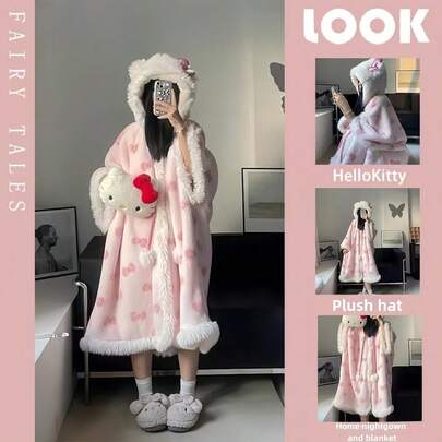 Sanrio Hello Kitty Oversized & Wide Pink Bow Plush Warm Bathrobe Blanket, Autumn/Winter Cute Cartoon Soft & Cozy Fuzzy Thickened Loungewear Robe, Great Gift For Air-Conditioned Room/Office