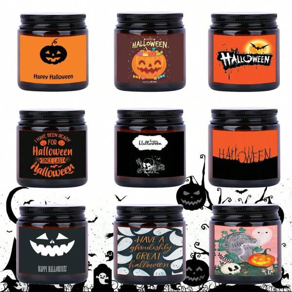 1 pieza Vela de soja con aroma a Halloween de 6.5cm/2.55in - Frasco de vidrio con 9 pegatinas (Calabaza/Murciélago/Calavera) Hecho a mano, regalo para fiesta de miedo, decoración del hogar, vela con llama
