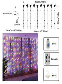 1 件 LED 铜线窗帘灯串 3*1 米 /3*2 米 /3*3 米 USB 遥控器带挂钩房间装饰灯氛围彩色灯串，情人节氛围装饰，适用于家庭、派对、节日、婚礼、生日、乡村、节日、季节性装饰、新年、春节 - 白色 - 查看 17