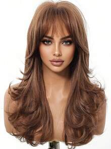 22英寸中长款棕色卷发假发，天然耐热合成假发，适合女性日常佩戴、参加派对和通勤。 - 棕色 - 查看 3