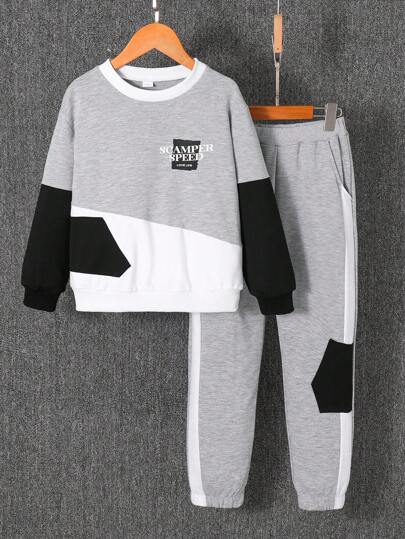 Set da 2 pezzi: felpa con stampa di lettere a maniche lunghe e pantaloni con tasche a righe, moda casual per bambini di 7-11 anni, adatto per attività all'aperto e sport scolastici