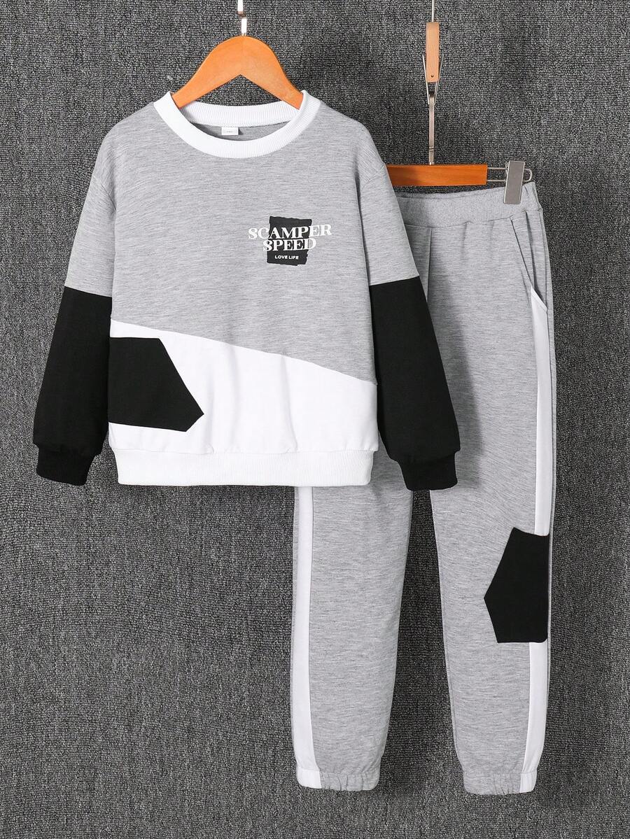 Set da 2 pezzi: felpa con stampa di lettere a maniche lunghe e pantaloni con tasche a righe, moda casual per bambini di 7-11 anni, adatto per attività all'aperto e sport scolastici