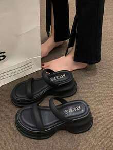 女凉鞋2025新款韩版时尚厚底松糕交叉绑带罗马沙滩凉鞋纯色百搭 - 黑色 - 查看 4