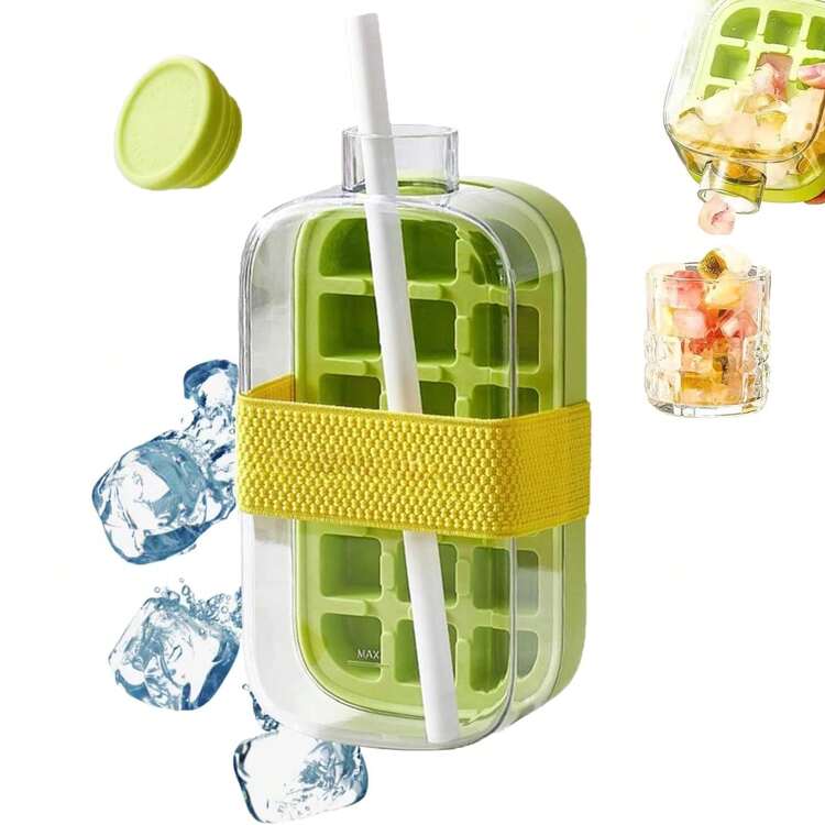 2-In-1 Ice Cube Bottle With Straw - Easy Press Ice Tray Water Bottle, Leak Proof Lid, Vertical Ice Maker, Easy To Clean, Easy To Use, 3-Hour Heat Preservation Drinking Cup, Portable Bottle For Freezer, Travel, Gym & Home Use, Kitchen Kitchenware Utensils - Olive Green - View 1