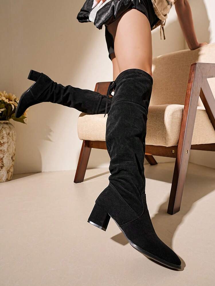 女士黑色及膝靴，过膝靴，新款百搭修身粗高跟高筒靴，适合春夏秋冬 - 黑色 - 查看 6
