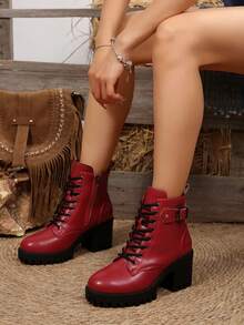 Autumn New Design Boots For Women, Plus Size Round Toe Lace-Up Red Leather Ankle Boots, Fashion Versatile Mid-Heel Chunky Heel Waterproof Platform Riding Boots - Red - View 6