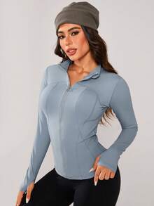 1件女士速干透气立领拉链运动上衣，运动服 - 藍色 - 查看 9