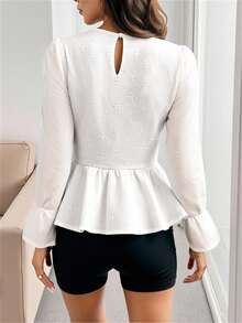 1 Stück Damen Bluse mit Blumen-Hohlmuster und Rüschenkante, geeignet für Lässig-Wear und Dates, Herbst - Weiss - Übersicht 2