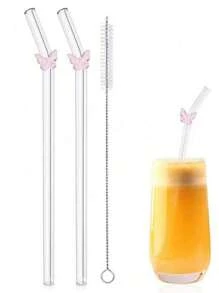 Set de 6 pajitas de vidrio reutilizables con adorno de lazo - Pajitas de beber curvadas resistentes a los golpes + cepillo de limpieza - Pajitas elegantes para cócteles, batidos y bebidas frías (20cm)